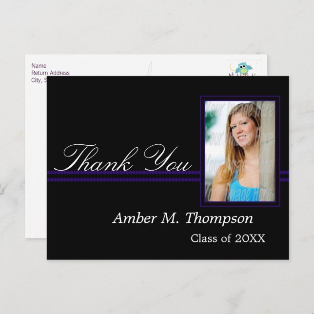 Purple and Black Graduation Thank You Postcard (Front/Back)