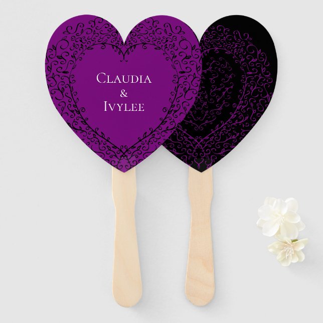 Purple and Black Heart Gothic Wedding Fans (Front and Back)