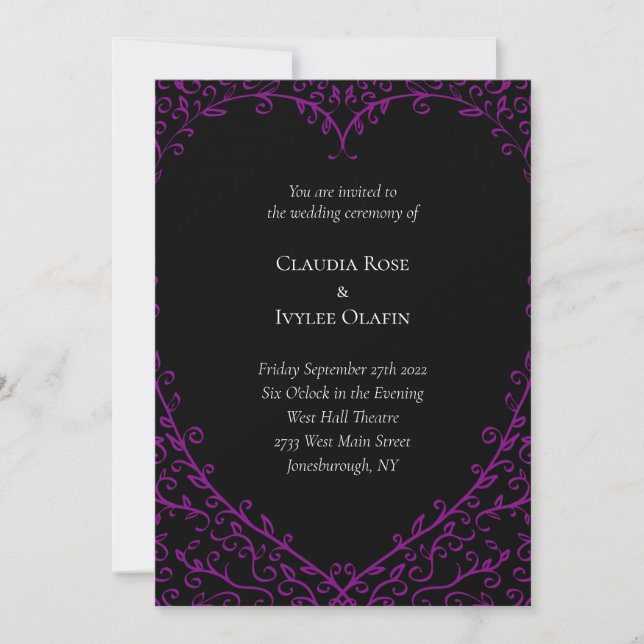 Purple and Black Heart Gothic Wedding Invitation (Front)