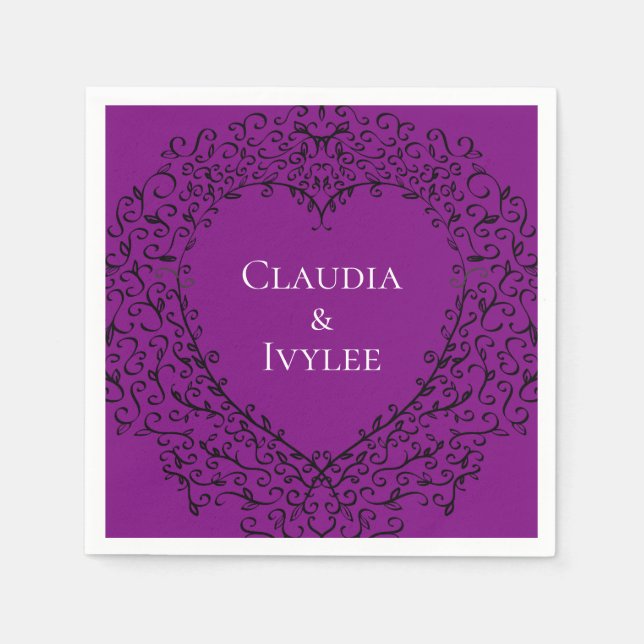 Purple and Black Heart Gothic Wedding Napkins (Front)
