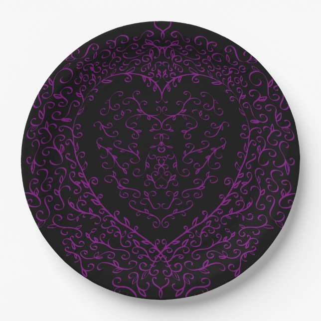 Purple and Black Heart Gothic Wedding Paper Plates (Front)