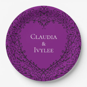 Purple and Black Heart Gothic Wedding Paper Plates