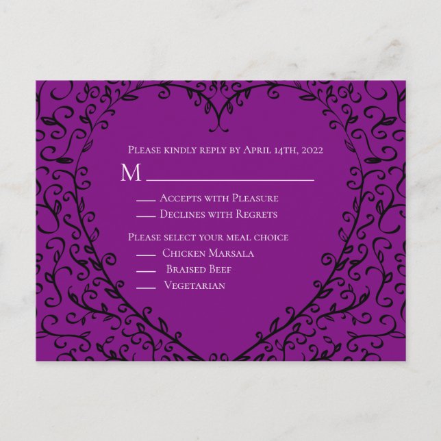 Purple and Black Heart Gothic Wedding Reply Card (Front)