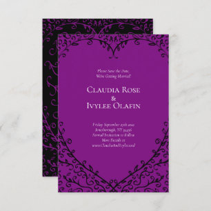 Purple and Black Heart Gothic Wedding Save the Dat Invitation
