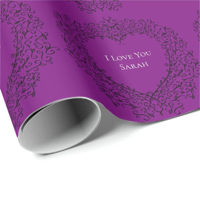 Purple and Black Heart Wedding Wrapping Paper (Roll Corner)
