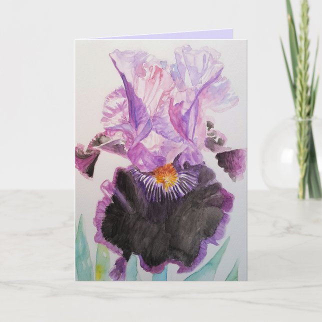 Purple and Black Iris Watercolour Birthday Card (Front)