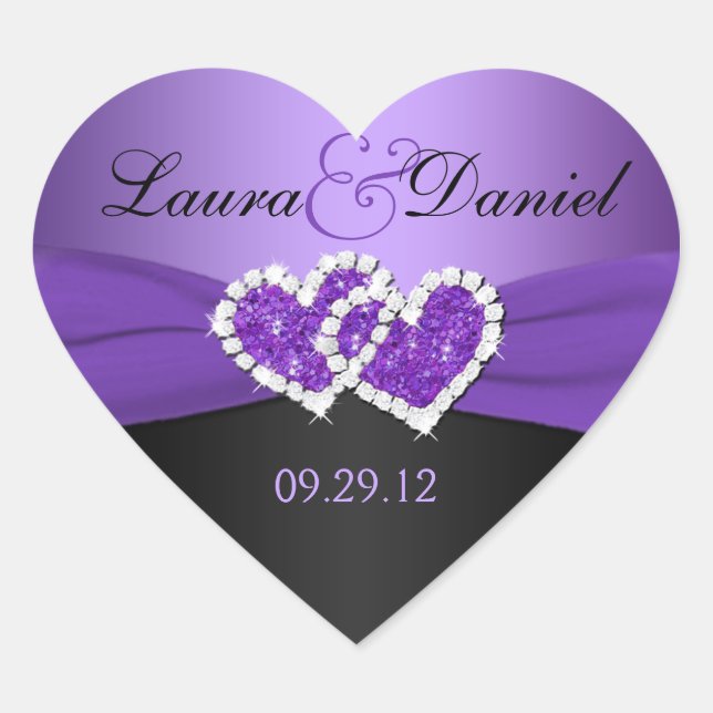 Purple and Black Joined Hearts Wedding Sticker (Front)