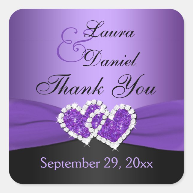 Purple and Black Joined Hearts Wedding Sticker (Front)