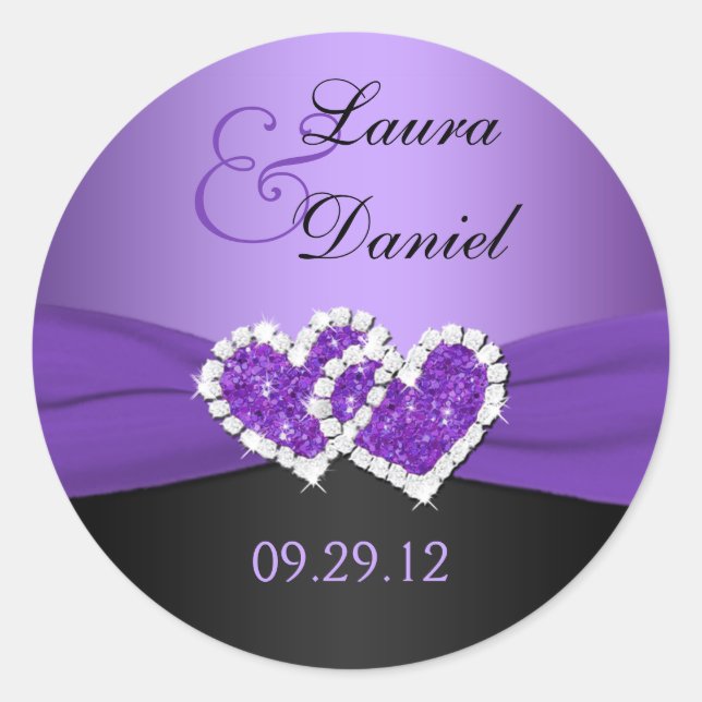 Purple and Black Joined Hearts Wedding Sticker (Front)