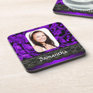 Purple and black lace personalised photo template coaster
