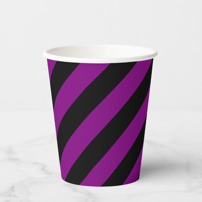 Purple and Black Large Size Diagonal Stripes Paper Cups (Front)