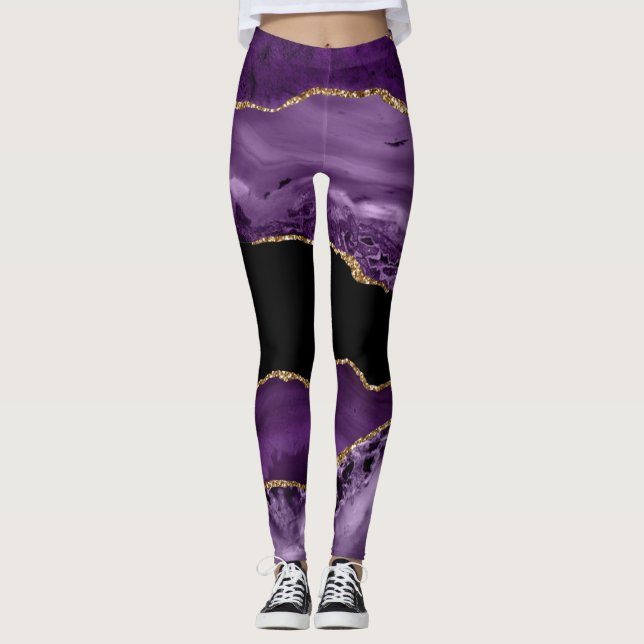 Purple and Black Marbled Agate and Gold Glitter  Leggings (Front)