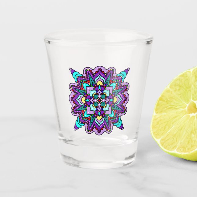 Purple and Black Mystical Colourful Mandala  Shot Glass (Front)