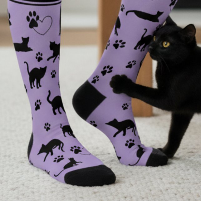 Purple and Black Personalised Cat Lover Socks (Black cat socks with custom name.)