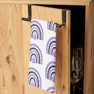 Purple and Black Rainbows Bats White Halloween Tea Towel