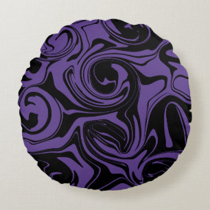 Purple and Black retro marble swirl Round Cushion