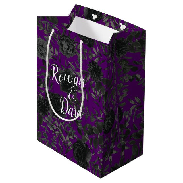 Purple  and Black Rose Gothic Wedding Gift Bag (Back Angled)