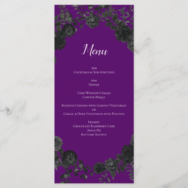 Purple  and Black Rose Gothic Wedding Menu (Front)