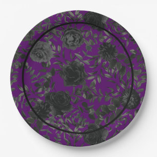 Purple  and Black Rose Gothic Wedding Paper Plates