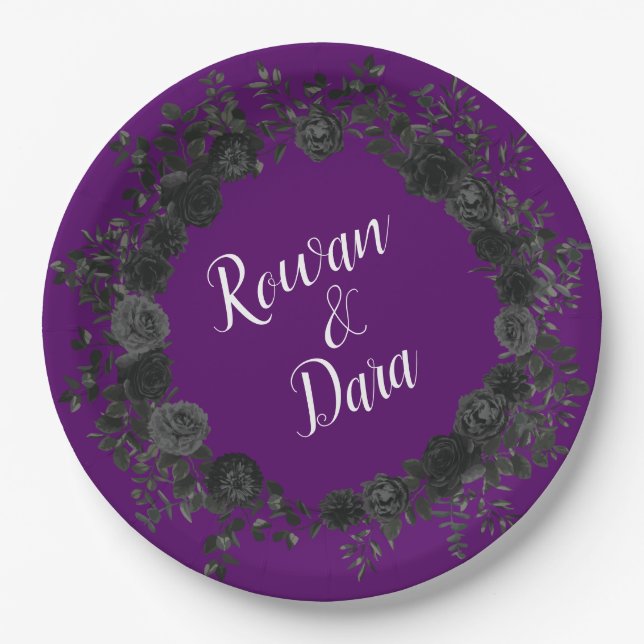 Purple  and Black Rose Gothic Wedding Paper Plates (Front)