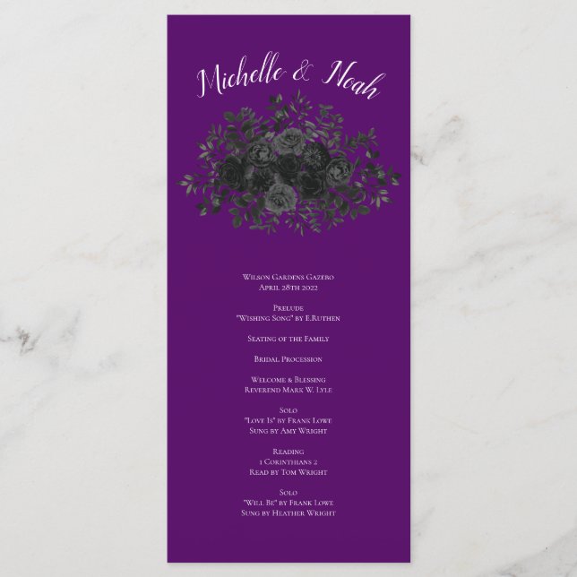Purple  and Black Rose Gothic Wedding Programs Menu (Front)