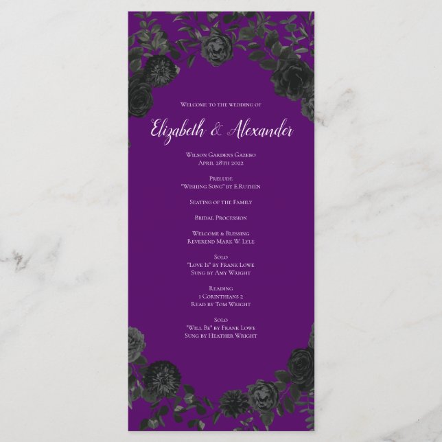Purple  and Black Rose Gothic Wedding Programs Menu (Front)