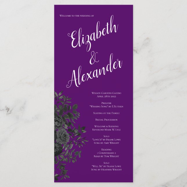 Purple  and Black Rose Gothic Wedding Programs Menu (Front)