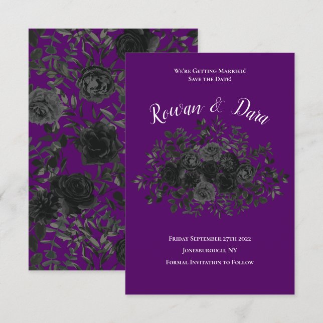 Purple and Black Rose Gothic Wedding Save the Date Invitation (Front/Back)