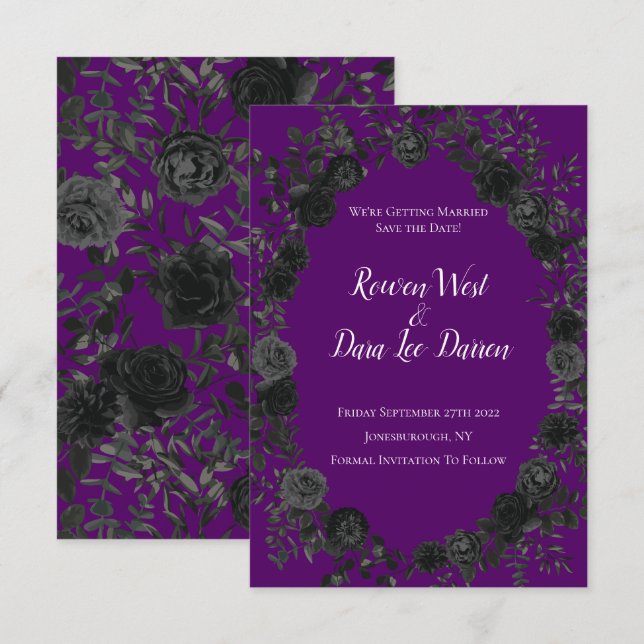 Purple and Black Rose Gothic Wedding Save the Date Invitation (Front/Back)