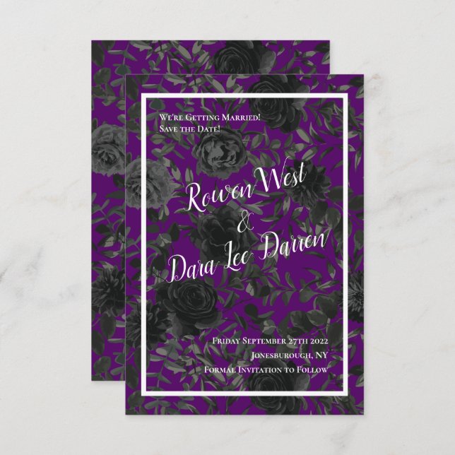 Purple and Black Rose Gothic Wedding Save the Date Invitation (Front/Back)