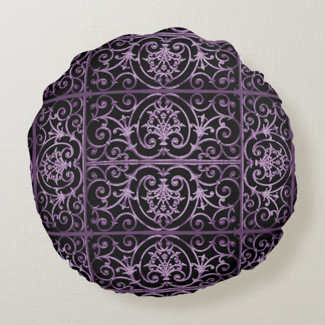 Purple and black scrollwork round cushion (Back)