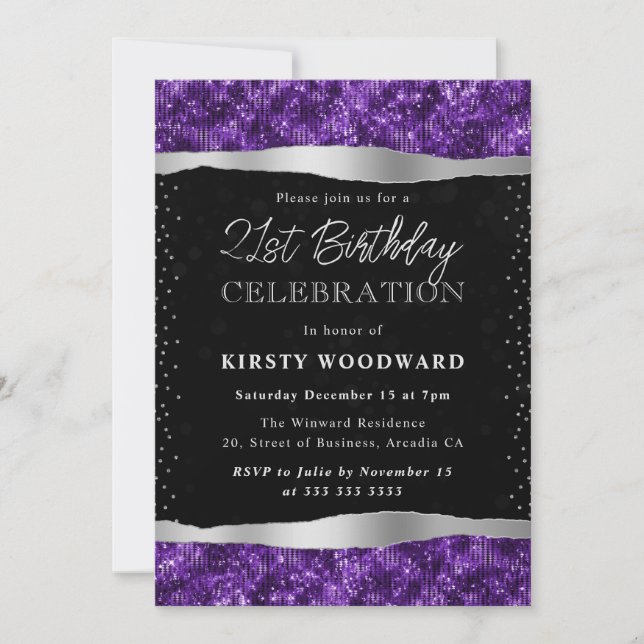 Purple and Black Shimmer Glitter 21st Birthday Invitation (Front)