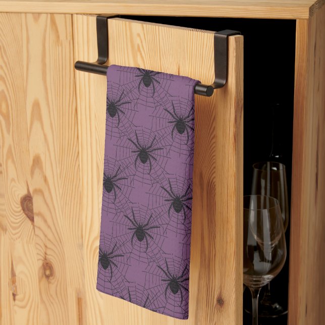Purple and Black Spiders Pattern Halloween Tea Towel (Thirds Fold)
