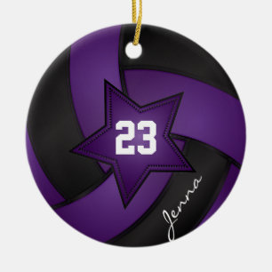Purple and Black Star Volleyball Ceramic Tree Decoration