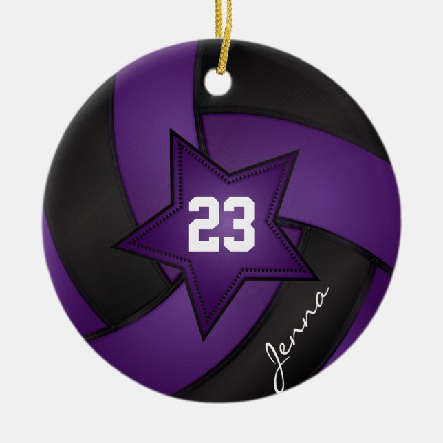 Purple and Black Star Volleyball Ceramic Tree Decoration (Front)