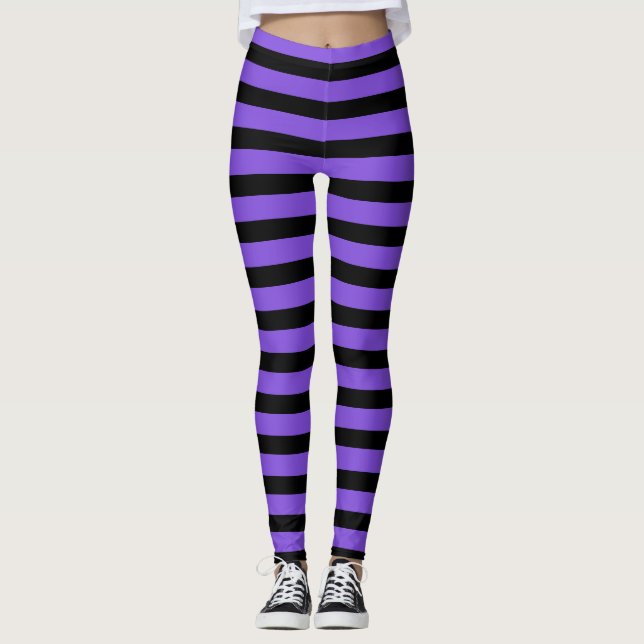 Purple And Black Striped Witch Halloween Leggings (Front)