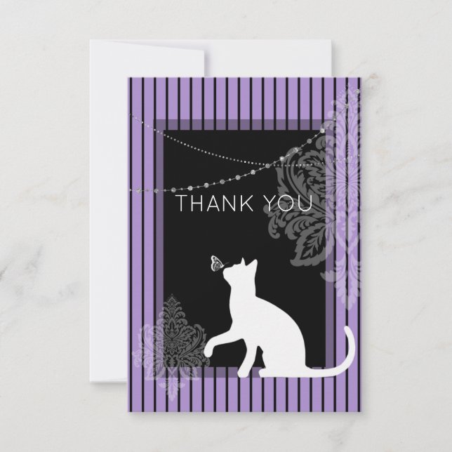 Purple and black stripes, and white cat thank you card (Front)