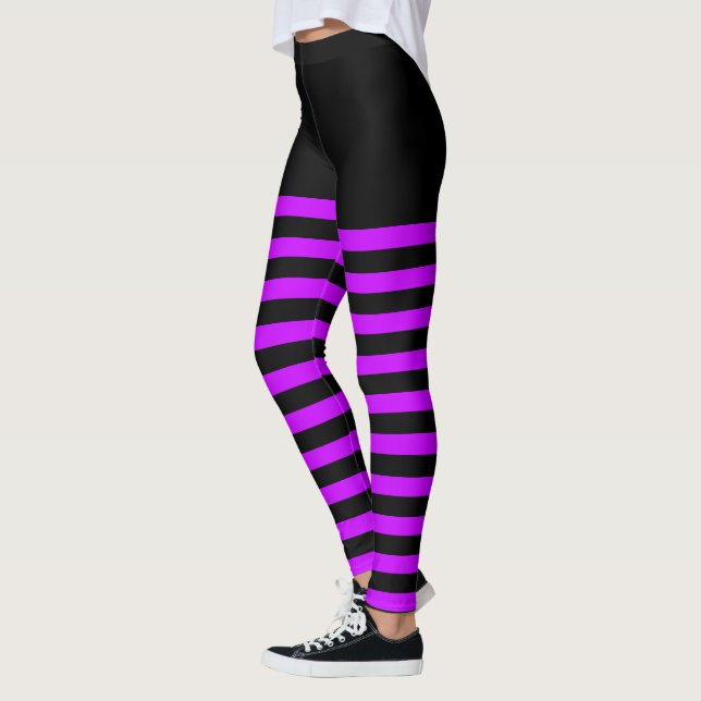 Purple and Black Stripes Halloween Striped Witch Leggings (Left)