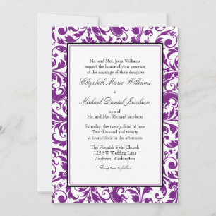 Purple and Black Swirl Damask Wedding Invitation