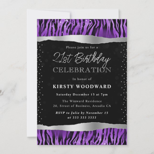 Purple and Black Tiger Stripes 21st Birthday Invitation (Front)