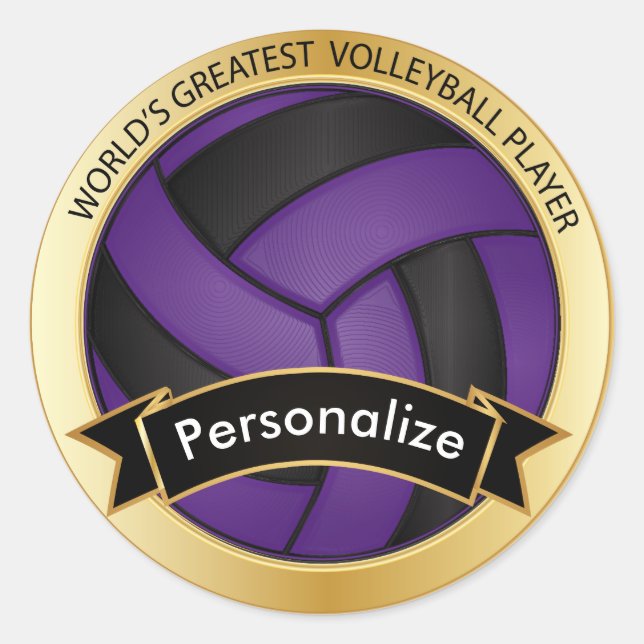 Purple and Black Volleyball | DIY Name Classic Round Sticker (Front)