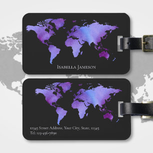 Purple and Black Watercolor World Map Personalised Luggage Tag