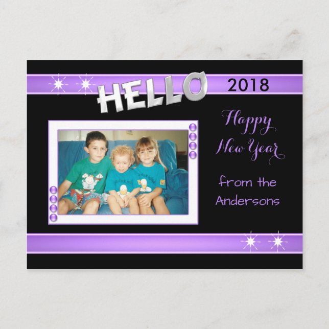Purple and black with photo and family name holiday postcard (Front)