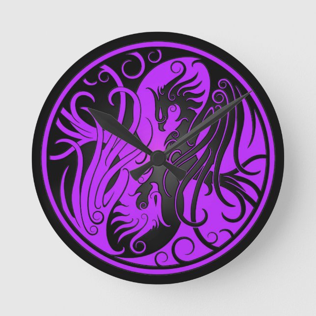 Purple and Black Yin Yang Phoenix Round Clock (Front)