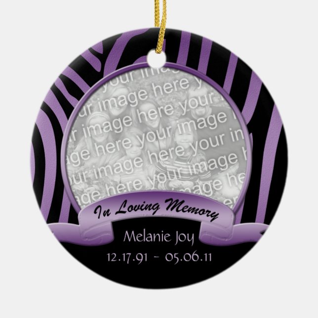 Purple and Black Zebra In Loving Memory Ornament (Front)