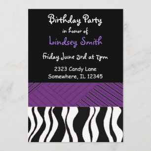 Purple and Black Zebra Print Birthday Invitation
