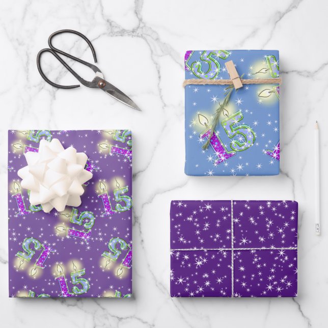 Purple and Blue 15th Birthday Wrapping Paper  (Front)