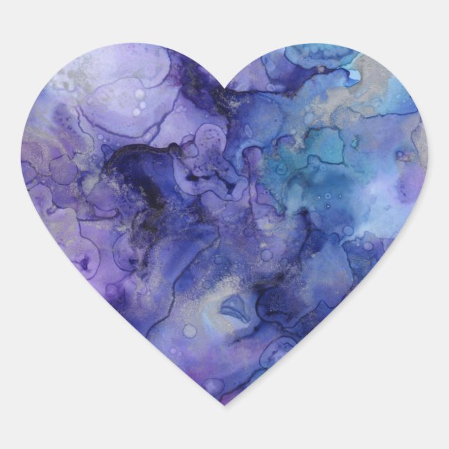 Purple and Blue Abstract Watercolor Marbled Heart Sticker (Front)