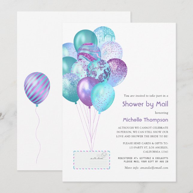 Purple and Blue Baby or Bridal Shower by Mail Invitation (Front/Back)