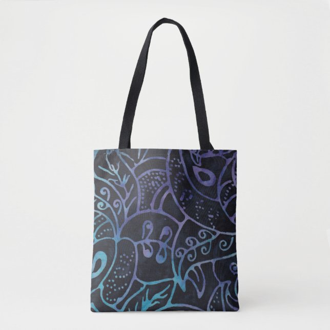 Purple and Blue Boho Batik Abstract Foliage Tote Bag (Front)